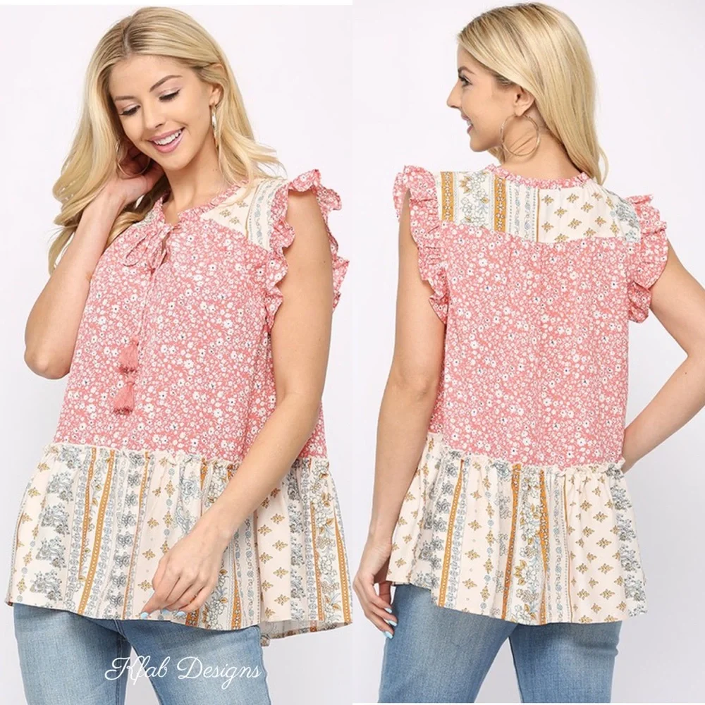 LAST 2! Flutter Sleeve Boho Woven Mixed Print Tassel Tie Top! - Picture 3 of 7